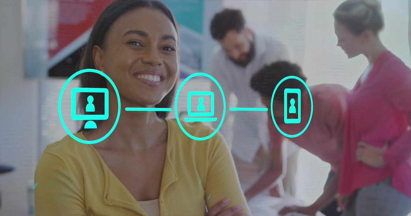 Animation of flowchart of icons over smiling woman standing arms crossed in office