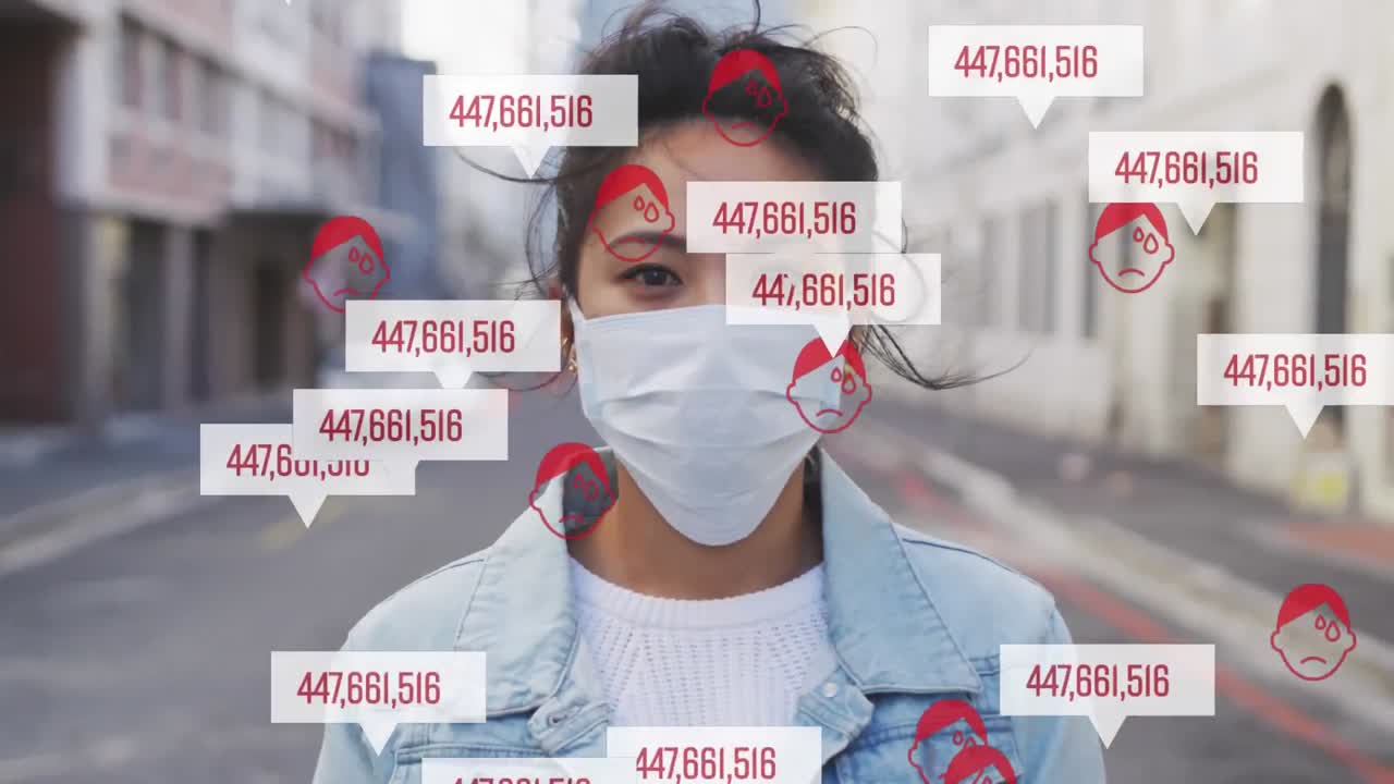 Animation of a woman with a mask in the street over red icons