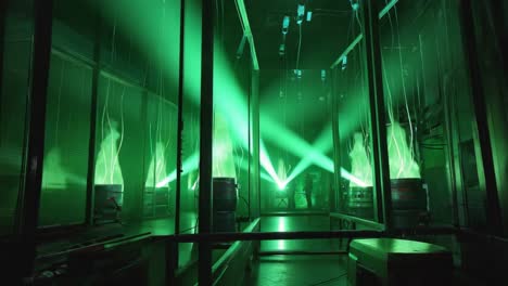 futuristic laboratory worker analyzing green energy light beams emitted from metal containers in a secure glass walled corridor, creating a captivating scene of scientific exploration