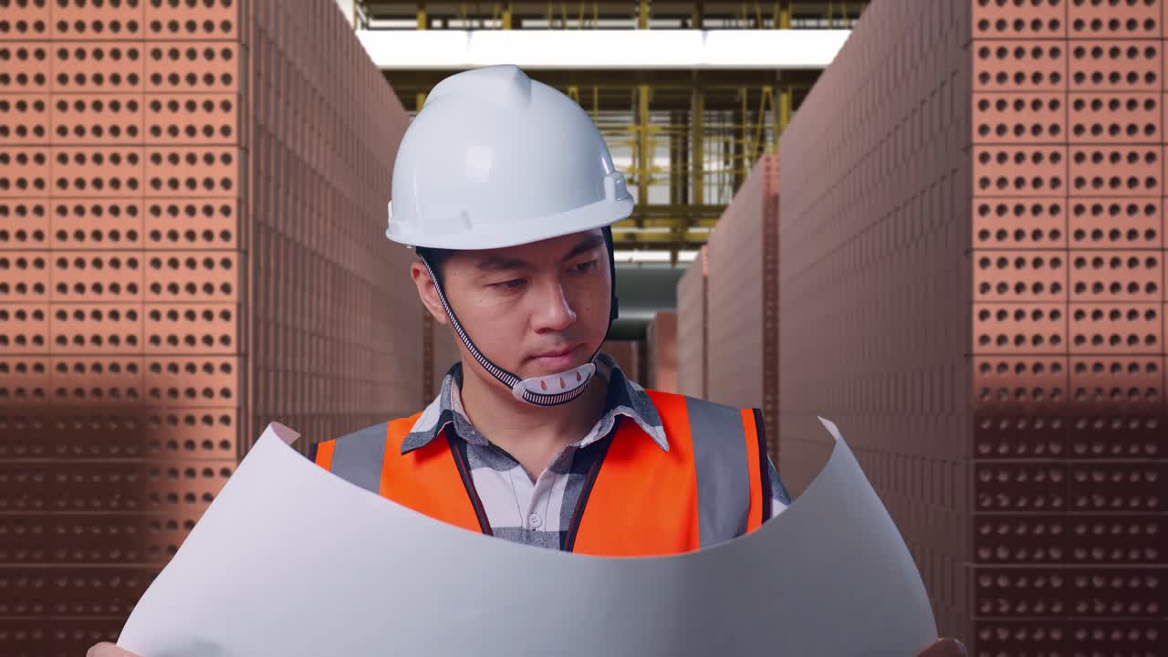 Close Up Of Asian Male Engineer With Safety Helmet Looking At Blueprint In His Hands And Looking Around While Standing With Red Brick Packed in Stacks Are Stored
