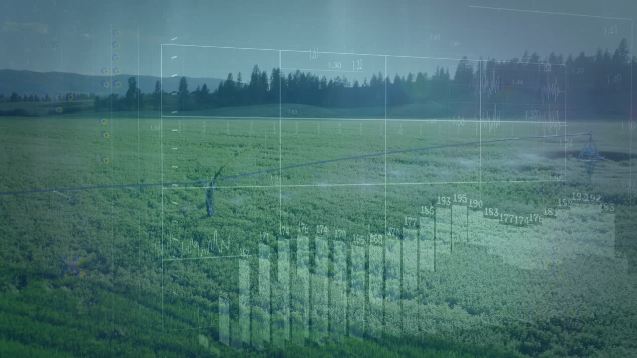 Center-pivot irrigation arm pivoting over crop field, overlaying flat design data charts and graphs