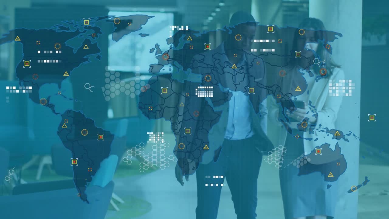 Man pointing tablet while woman swiping screen growing world map unveiling business analytics