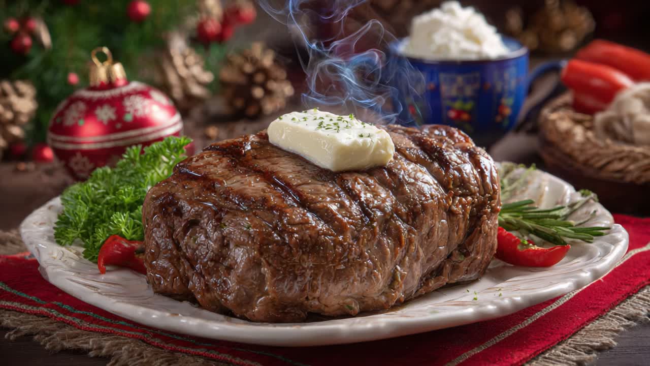 Juicy, Grilled Beef Roast with melted butter on top, garnished with fresh herbs and served on a festive platter for a delightful holiday feast
