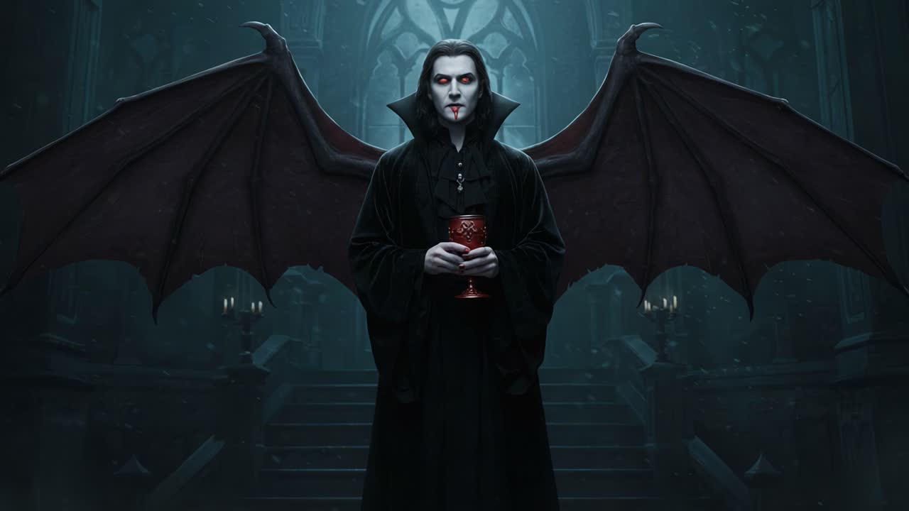 A Mysterious Figure with Wings Holds a Goblet in a Dark, Gothic Setting, Evoking Themes of Shadows and the Supernatural Within an Enigmatic Atmosphere