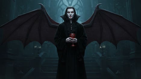 a mysterious figure with wings holds a goblet in a dark, gothic setting, evoking themes of shadows and the supernatural within an enigmatic atmosphere