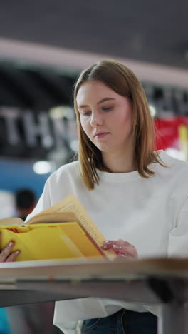 mujer joven leyendo su libro con taza de café en la mesa en un ambiente de centro comercial interior animado, fondo borroso suave cuenta con colores vibrantes, bolsas de compras cercanas y otros compradores