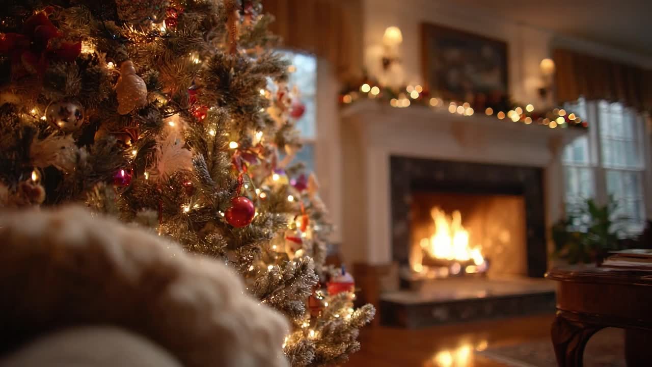 A Cozy Christmas Scene Featuring a Decorated Tree and a Warm Fireplace Radiating Holiday Cheer and Comfort in a Festively Adorned Living Room