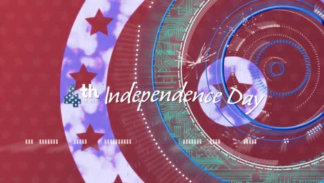 independence day text banner over round scanners against stars on spinning circles