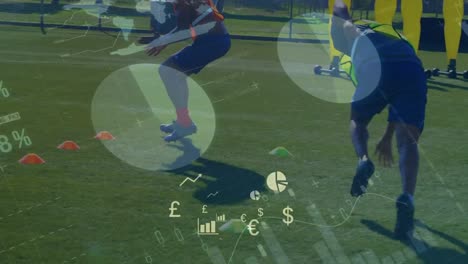 animation of statistical data processing over diverse male soccer players training on sports field