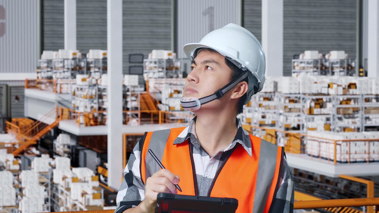 안전 헬을 입은 아시아 남성 엔지니어가 배달 물품으로 가득 찬 선반을 가진 창고에 서서 태블릿에 메모를 하고 창고를 둘러보고 있습니다.