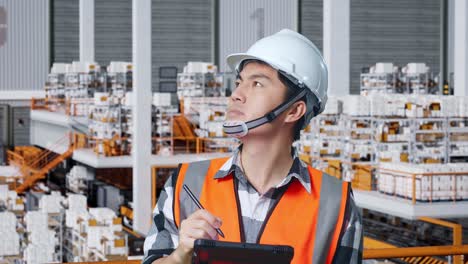 primer plano de un ingeniero masculino asiático con casco de seguridad de pie en el almacén con estantes llenos de bienes de entrega. tomando nota en la tableta y mirando a su alrededor en el almacenamiento
