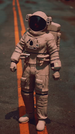 an astronaut standing on a futuristic road at night.