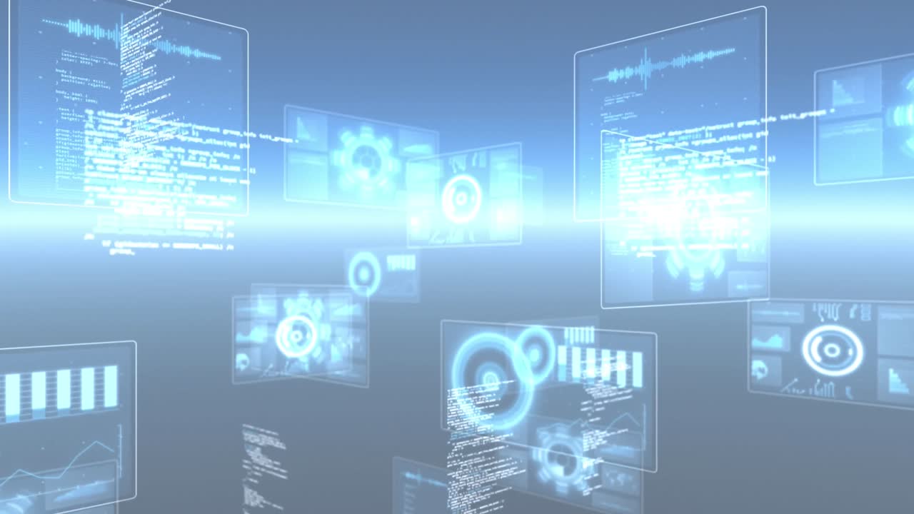 다중 둥근 스캐너의 애니메이션과 파란색 배경에 대한 빛의 흔적에 대한 데이터 처리