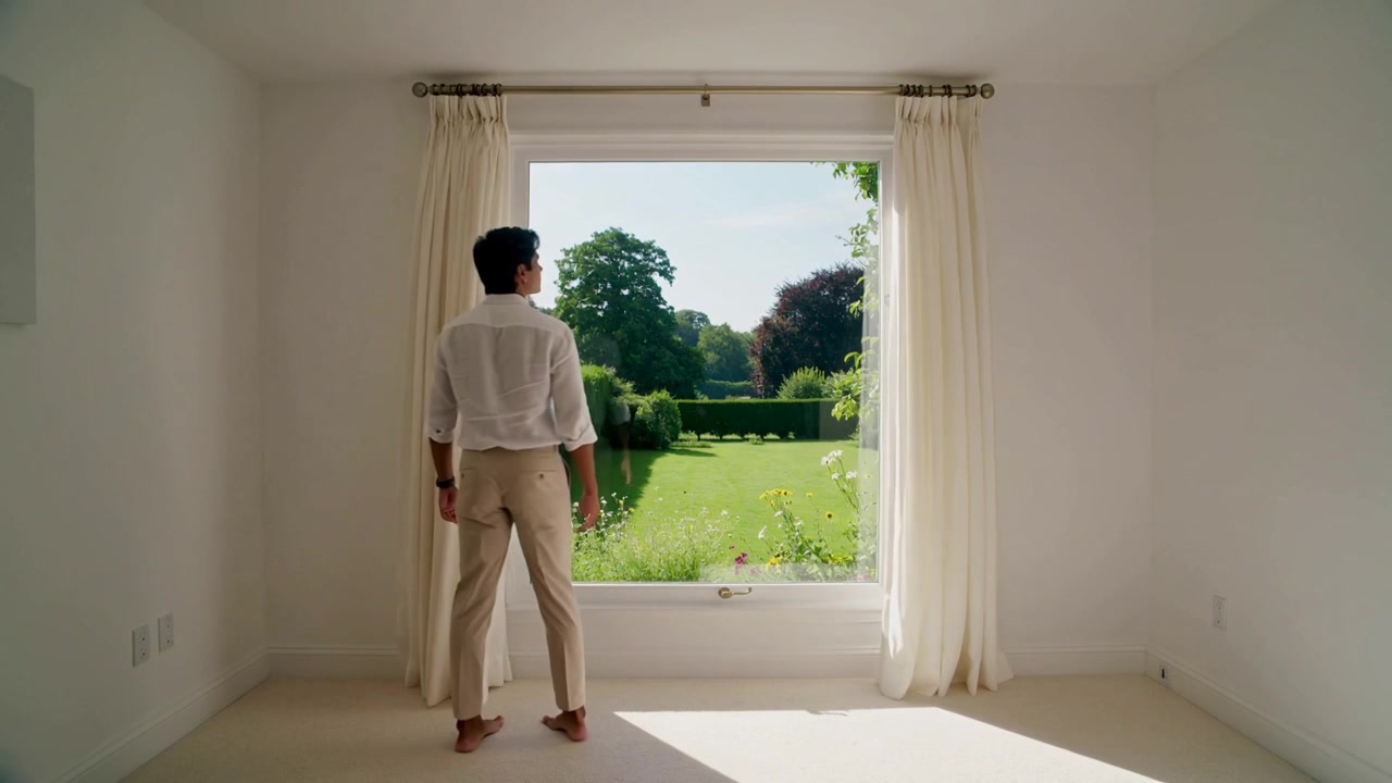 Walking man coming from left, reaching, parting curtains at window, at home inspecting garden view