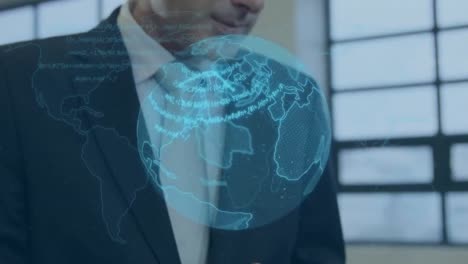 animation of blue globe and data processing, over businessman using tablet