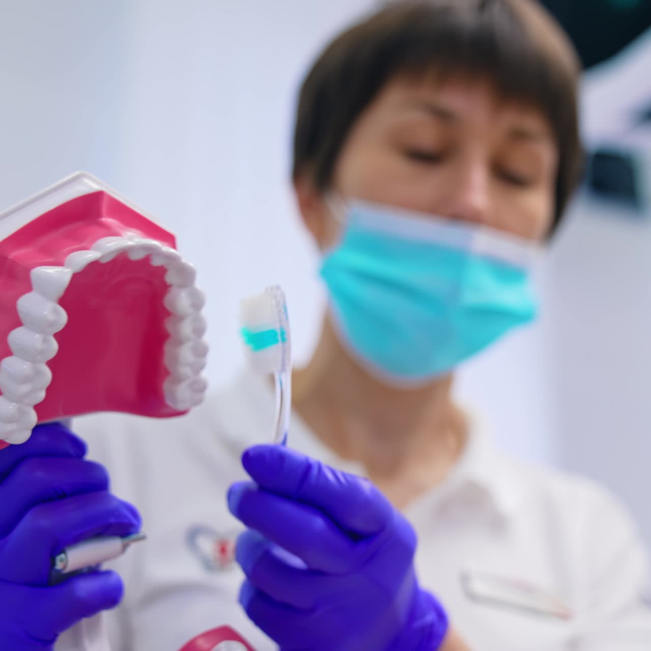 Jaw model in dentist's hands. Professional doctor showing how to clean teeth with a brush correctly on a plastic teeth. Close-up