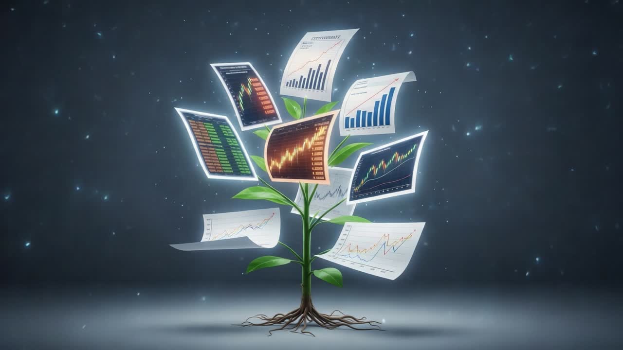 A Creative Visual Representation of Financial Growth: A Plant Sprouting with Data Charts and Stock Graphs, Symbolizing Economic Prosperity and Investment Insights