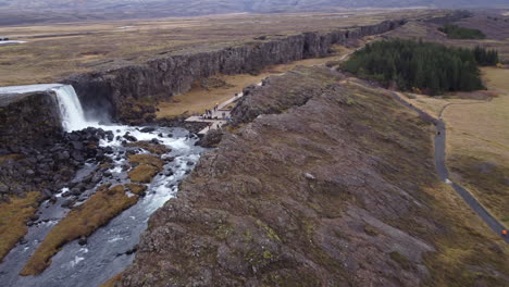 icelandic waterfall oxarafoss aerial view from far