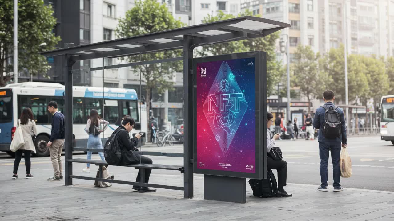 Urban Scene Featuring a Digital Advertisement for NFT at a Bus Stop with Commuters Engaged in Their Devices and City Life in the Background