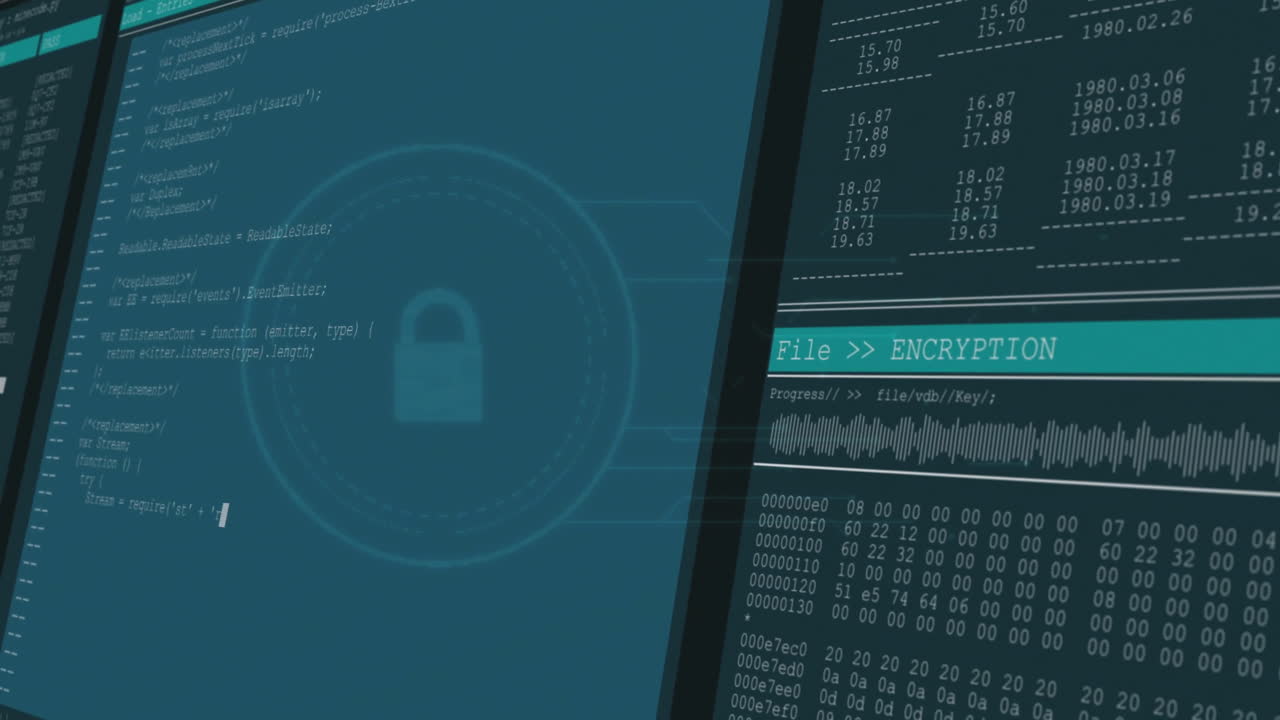 Animation of data processing over padlock icon on black background