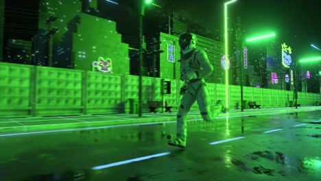 astronaut running through a neon-lit futuristic city at night