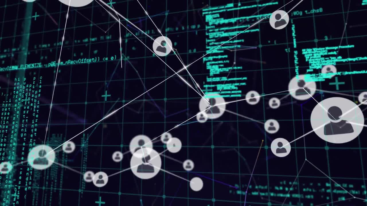 Animation of network of connected people icons with information moving behind on black