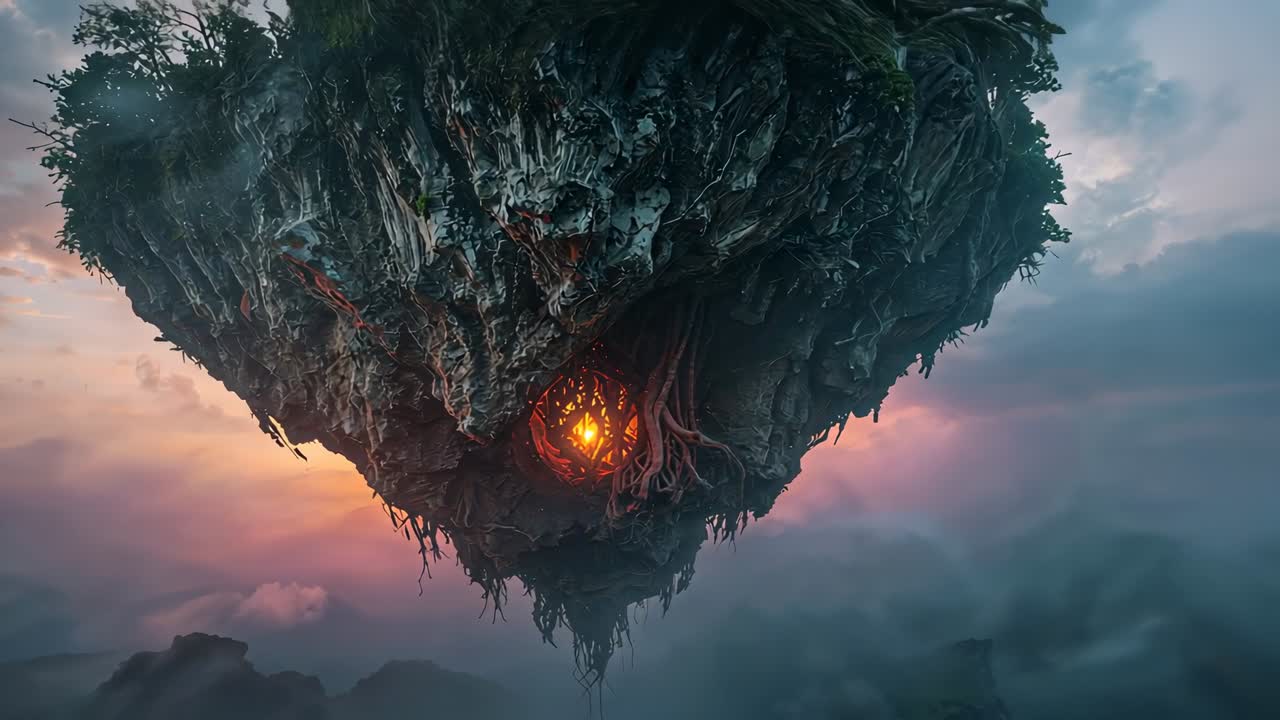 Moving camera showing inverted floating island over clouds at dusk, to reveal ember core and roots