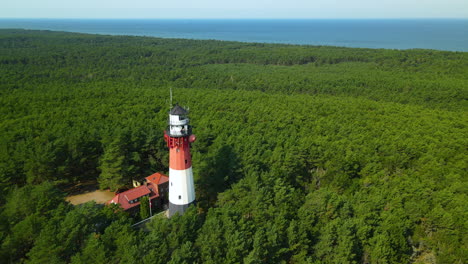 Aerial-orbit-around-Stilo-lighthouse-in-thick-forest-trees-on-Baltic-Sea-in-Poland