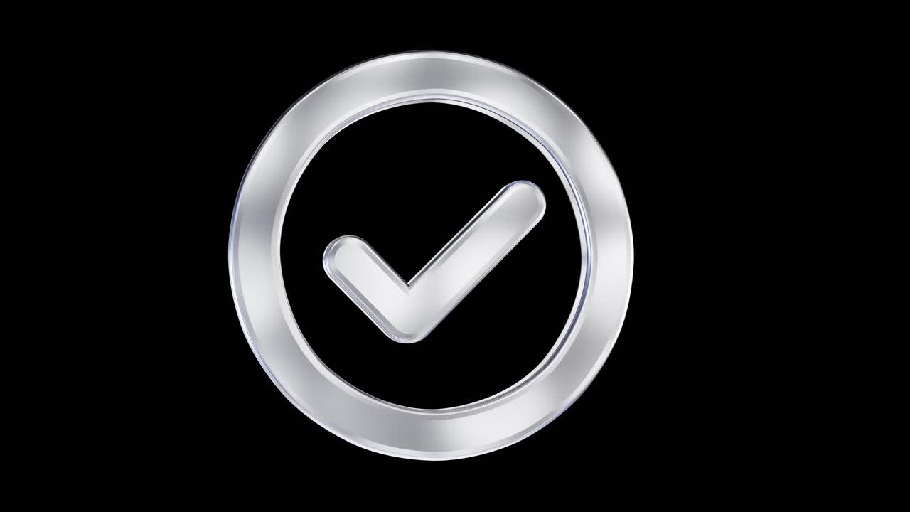3D Silver Checkmark Icon Rotating on Black Background