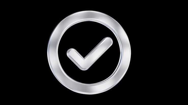 3D Silver Checkmark Icon Rotating on Black Background
