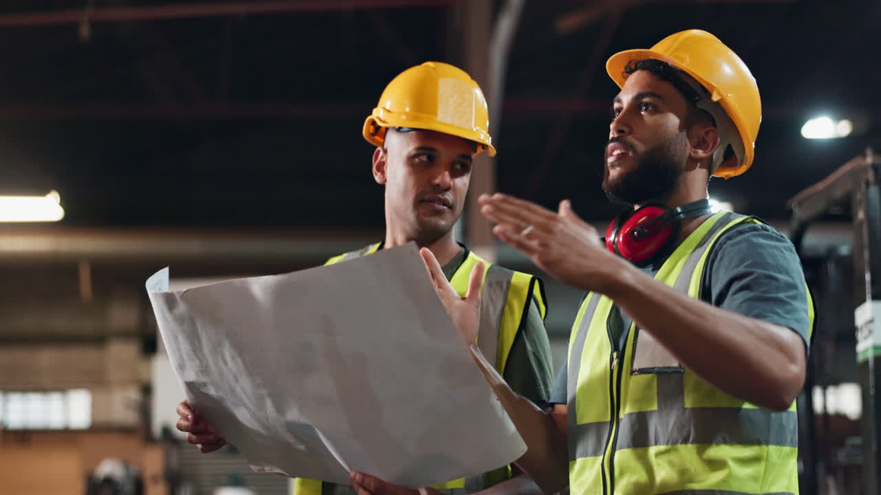 Construction workers reviewing plans in a warehouse