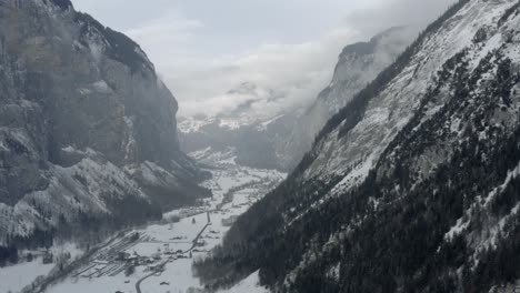 Drone-Aerial-of-Lauterbrunnen-surrounded-by-the-Mountain-Eiger-in-the-swiss-alps