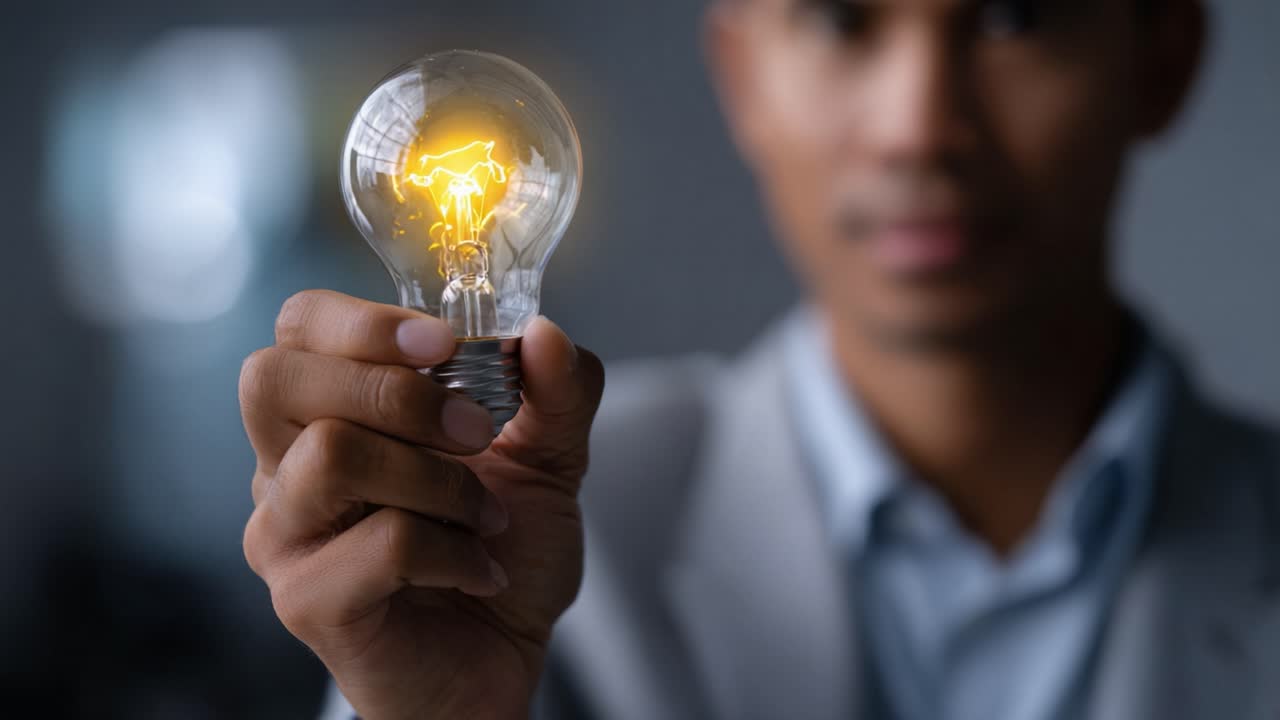 Man Holding a Light Bulb with Illuminated Filament Symbolizing Ideas, Innovation, and Brightness in a Professional Setting