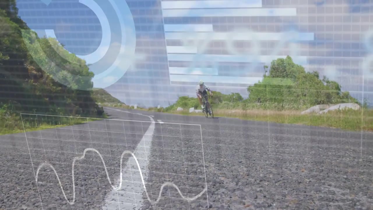 Female cyclist riding center toward camera as HUD charts, waves appearing, collecting data for tech