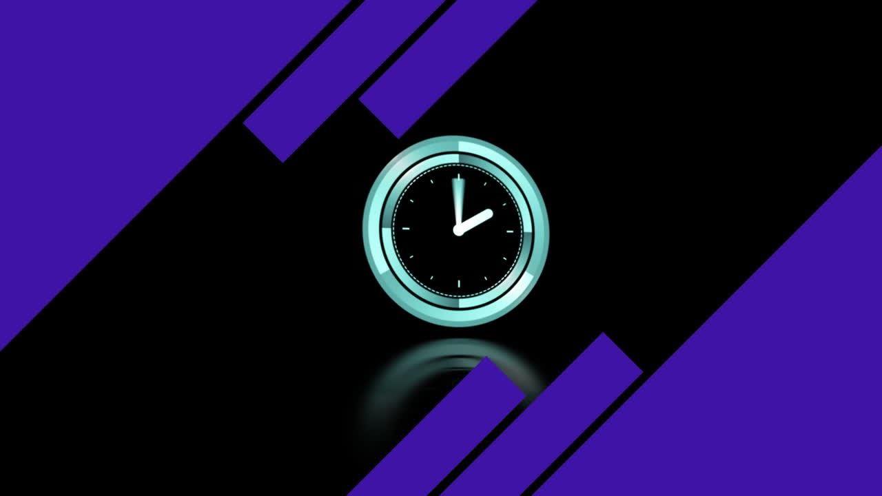 Animazione di un orologio con lancette in movimento e forme viola, su sfondo nero.