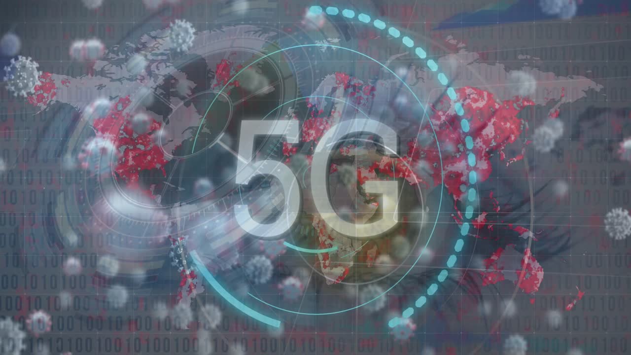 범위 스캐닝과 세계 지도 위의 5g 텍스트의 애니메이션