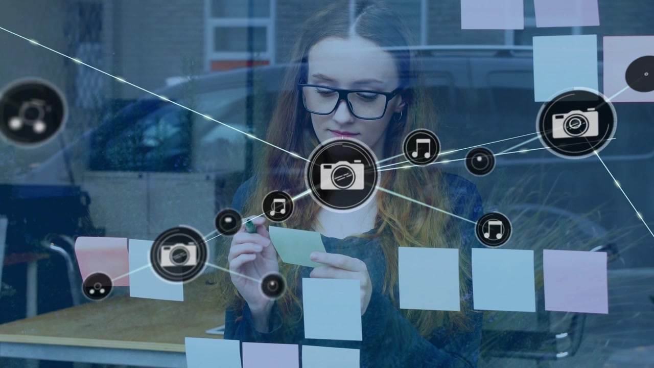 Woman with marker reading notes on glass UI icon appearing creating camera music overlay marketing