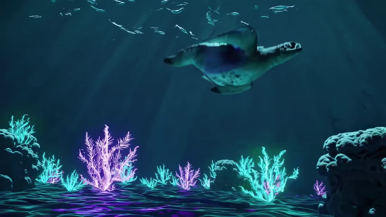 Underwater Sea Turtle Scene with Glowing Coral