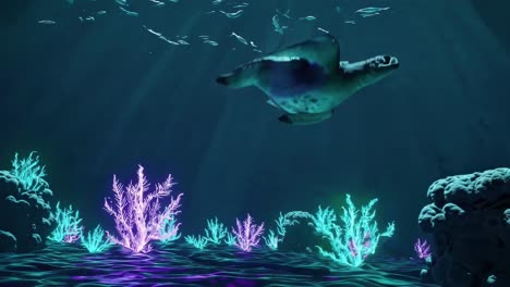 underwater sea turtle scene with glowing coral