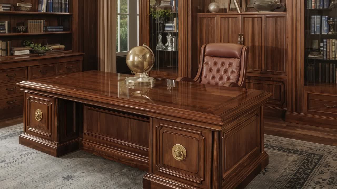 Camera panning across executive study, revealing polished wooden desk and metallic globe