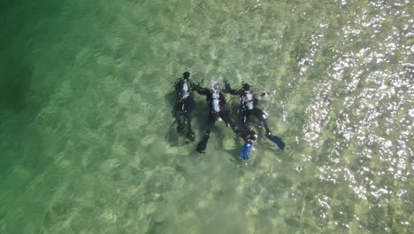 Drei-Taucher-Tauchen-Am-Ufer-In-Einem-Alpensee-Mit-Türkisfarbenem-Wasser