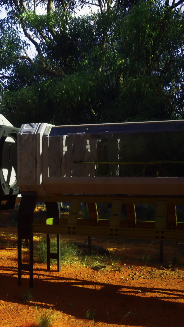 Futuristic capsule in outdoor setting under bright sunlight and greenery