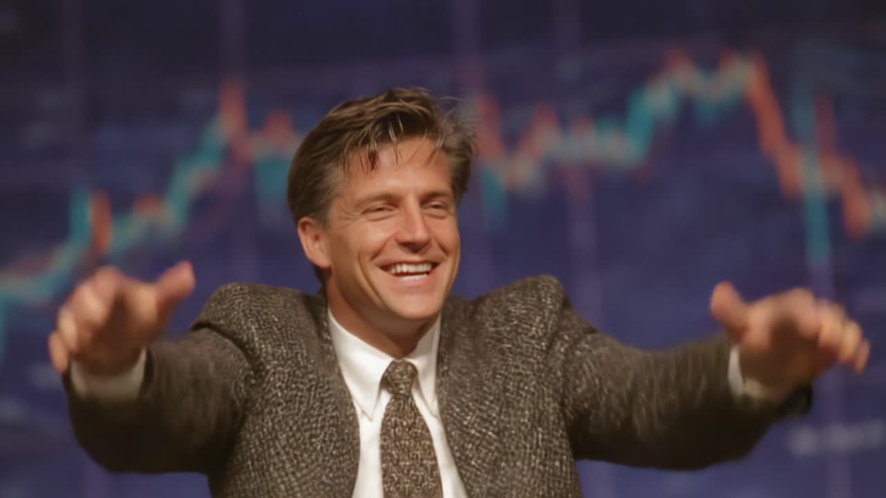 Dynamic Presentation of a Business Leader Engaging with an Audience, Signaling Excitement and Enthusiasm in a Professional Setting with Graphs in Background