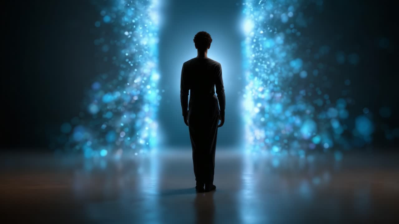 A silhouette stands before glowing portals, embodying the theme of transformation and decision-making. The ethereal light hints at possibilities beyond