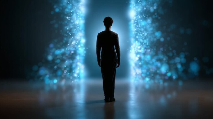 A silhouette stands before glowing portals, embodying the theme of transformation and decision-making. The ethereal light hints at possibilities beyond
