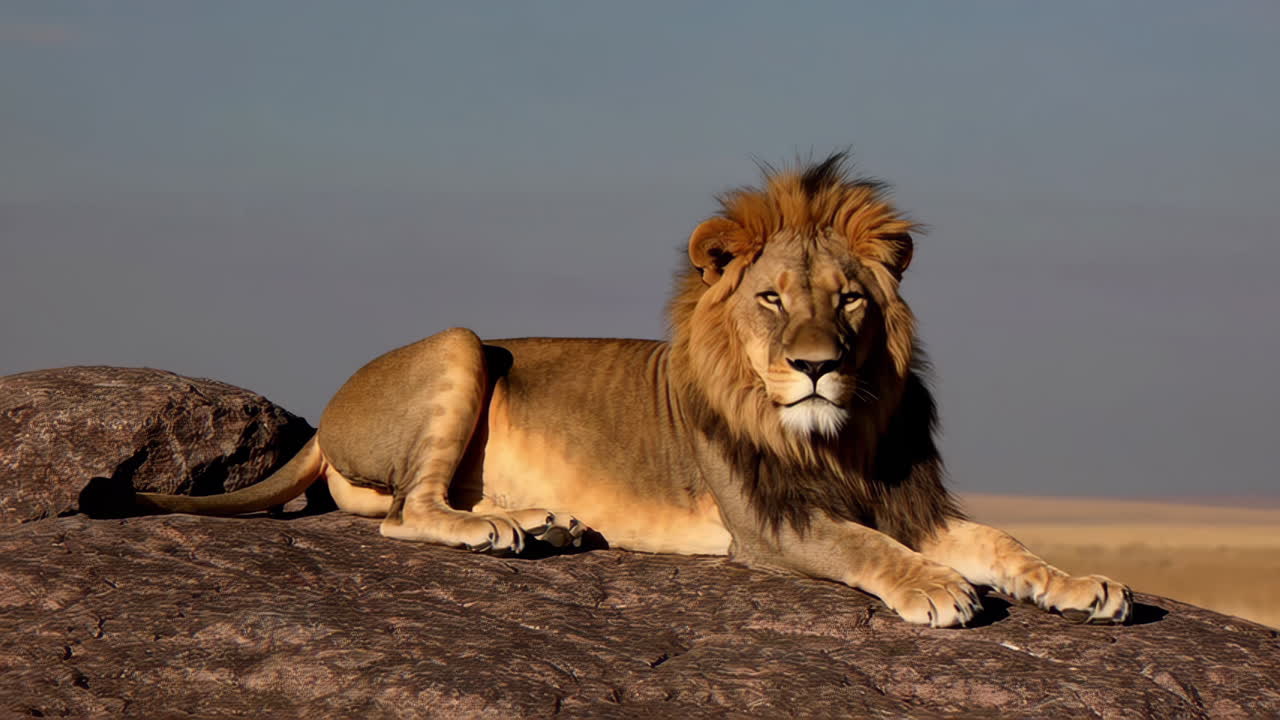 Lev odpočívající na skále v africké savaně