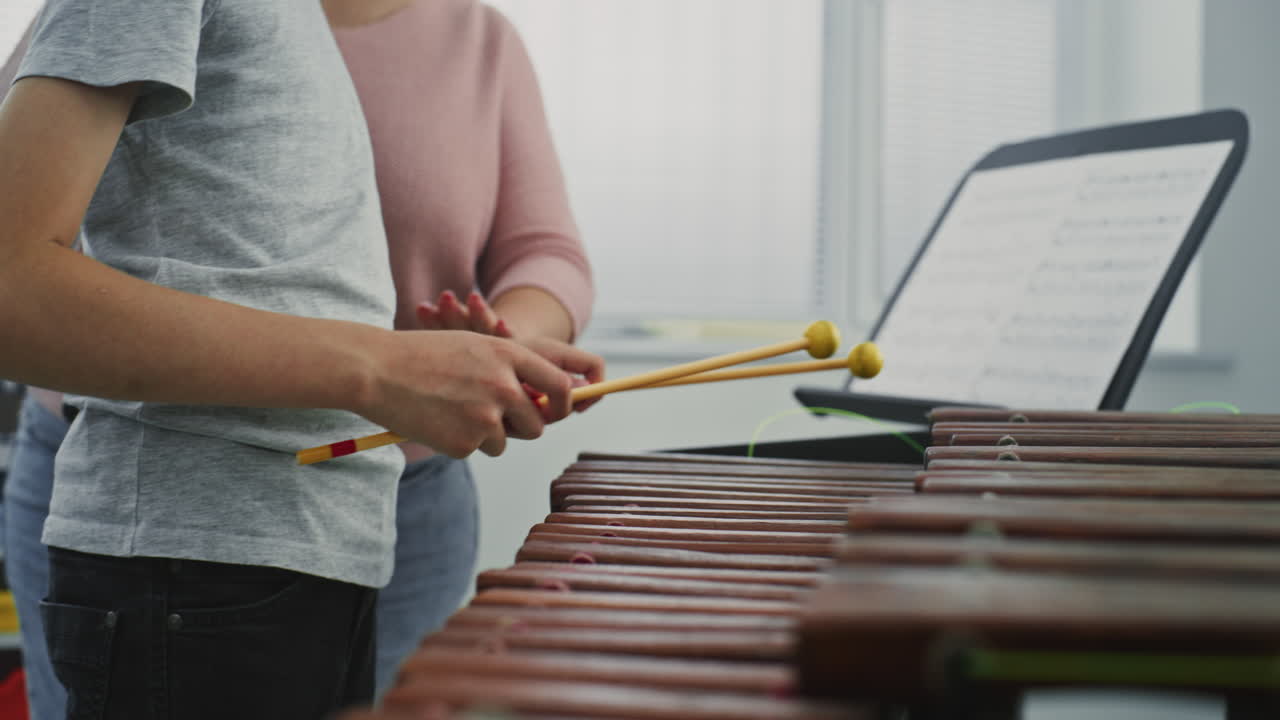 Close Up of Primary School Boy Practicing Xylophone in Modern Music Class