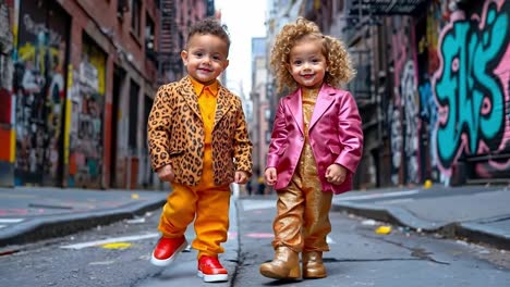 two little children dressed in leopard print outfits standing in the middle of a city street