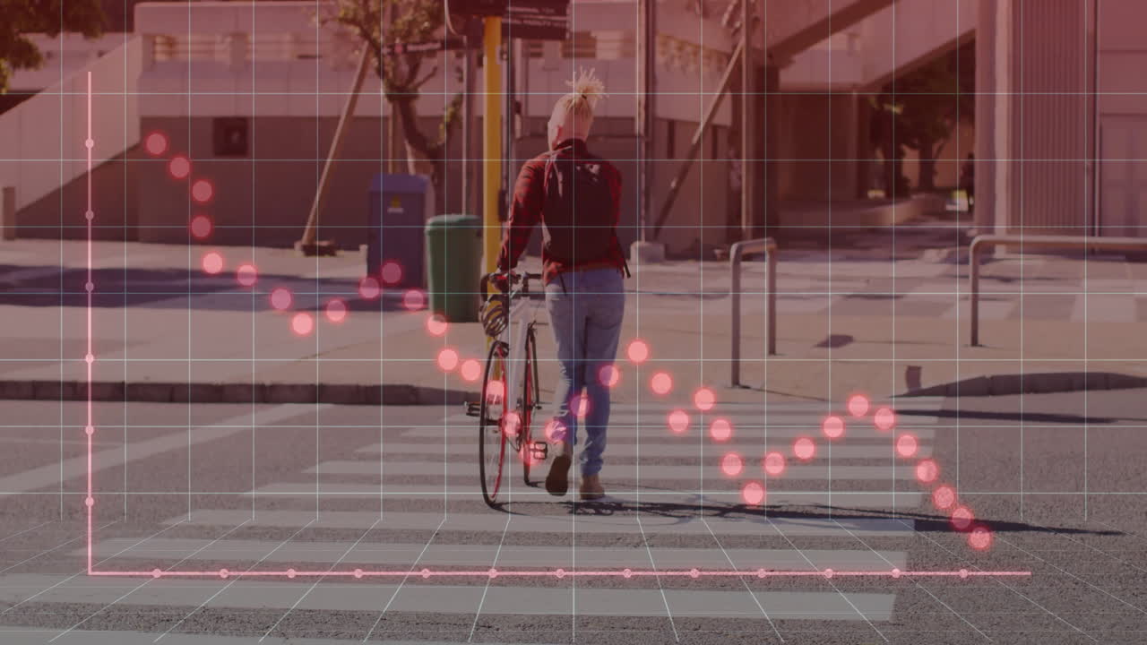 man pushing bicycle across crosswalk, displaying animated line chart and bike icon for technology