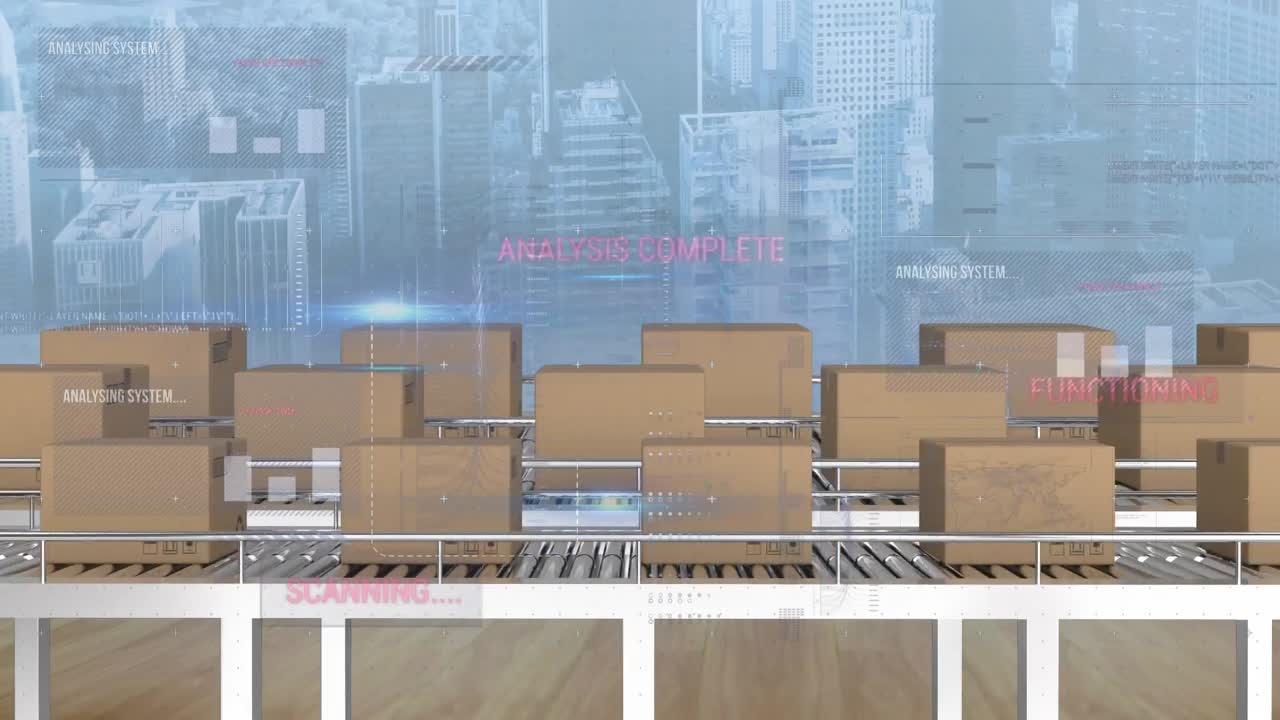 컨베이어 벨트에 있는 카드보드 상자 위에서 통계 처리의 애니메이션